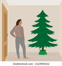 Female character stands and looks at the Christmas tree in the room