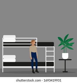 Female character stands near a bunk bed and a green plant