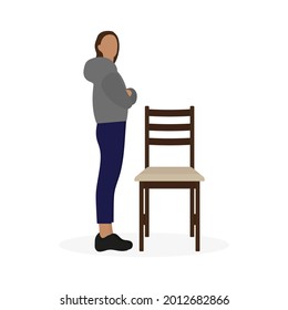 Female character stands near a chair on a white background