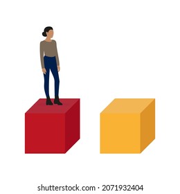 Female character stands on one of two huge cubes on a white background