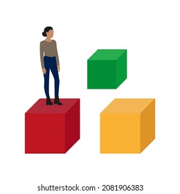 Female character stands on one of three huge cubes on a white background
