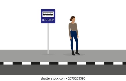 Female character stands on the sidewalk at the bus stop