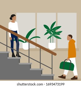 
A female character stands on the stairs, and a male character goes to the stairs with a bag in his hand