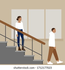 A female character stands on the stairs and watches a male character walk away