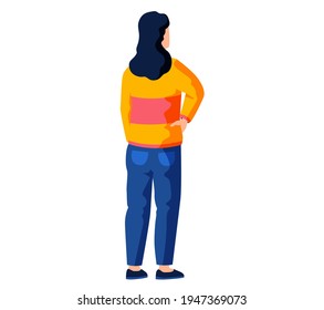Female character stands pensively with back to viewer. Woman is looking at something behind her