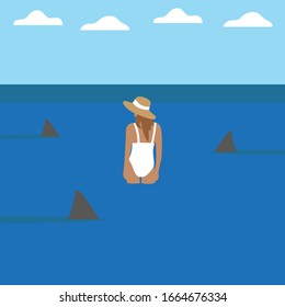 Female character stands in water and sharks are swimming around