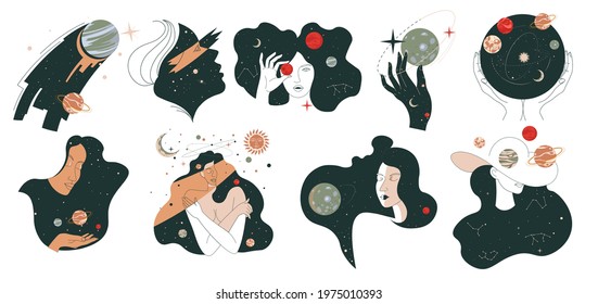 Female character with stars and planets in outer space. Sleepy lady with closed eyes with moonlight, mother nature or fantasy feminine personage among constellations and bodies. Vector in flat style