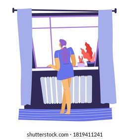 Female character staying at home, looking out of window, back view. Woman spending time alone, relaxing morning of girl wearing pajama. Coronavirus quarantine boredom or sadness, vector in flat style
