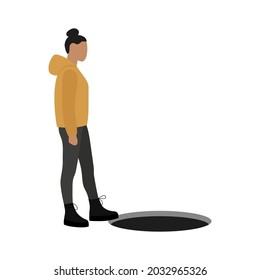 Female character steps into an open hatch on a white background