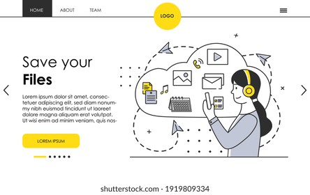Female character stores her files in cloud storage. Woman downloading and uploading files from digital cloud. Website, web page, landing page template. Flat cartoon vector illustration