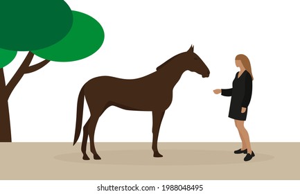 Female character stretches out her hand to a horse in nature