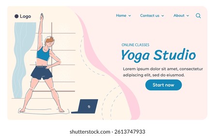 Female character stretching on yoga mat in home setting, flat graphic style, soft pastel background, concept of online fitness and wellness routine. Vector illustration