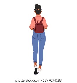 Female Character Strikes A Proper Pose With A Rucksack Snugly Strapped To her Back. Woman Perform Correct Posture for Carrying Backpack, with Shoulders Squared and Head Held High. Vector Illustration