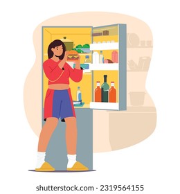 Female Character Struggling With Bulimia, Experiencing Cycles Of Binge Eating Followed By Purging Behaviors. Woman Eating Burger fron Refrigerator on Kitchen. Cartoon People Vector Illustration