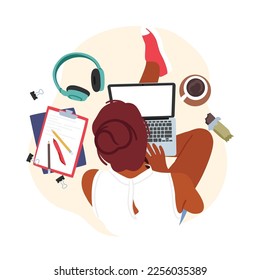 Female Character Student or Freelancer Working or Studying on Laptop Top View. Young Woman Sitting on Floor with Notebook, Coffee, Chocolate and Working Supplies. Cartoon People Vector Illustration