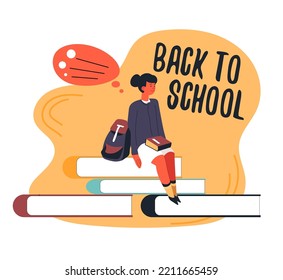 Female character student sitting on books, back to school. Education and studies, development and improvement of skills in school or university. Girl with backpack and textbook. Vector in flat style