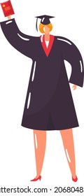Female character student standing and hand hold diploma, woman university graduate in hat wear cartoon vector illustration, isolated on white.
