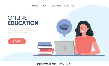 Female character student working on laptop. Online education concept. Template for website, landing page. Flat vector illustration. 