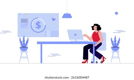 Female character studying financial data panel. stock review and growth. flat design