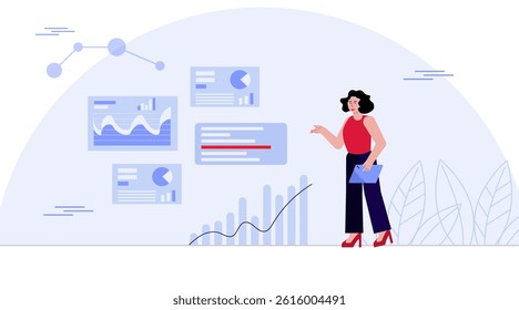 Female character studying financial data panel. stock review and growth. flat design
