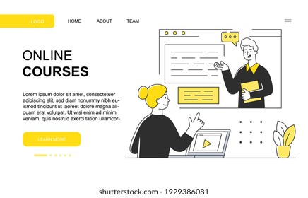 Female character is studying on online courses. Young woman is watching educational video with professor at home. Website, web page, landing page template. Flat cartoon vector illustration