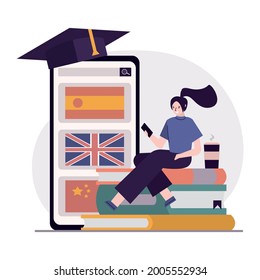 Female character studying online language courses. Application for learning foreign languages on phone screen. Choosing of lessons and courses. Teaching service, online education. Vector illustration