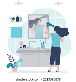 Female character styling hair after washing. Pretty girl dries long hair with dryer in front of mirror. Cosmetic care products. Restroom interior design. Everyday routine. Flat vector illustration