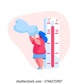 Female Character Suffer of Hot Temperature during Summer Time at Home or Outside. Woman Drinking Water from Bottle Avoiding Heat Stroke under Fierce Heating Sun Rays. Cartoon Vector Illustration