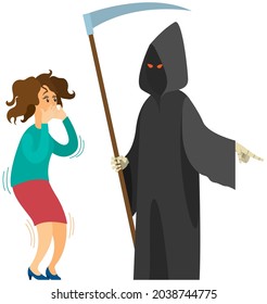 Female character suffering from fear of death near skeleton with scythe isolated on white background. Death with scythe in black cloak scares woman. Girl is afraid to die. Thanatophobia, fear of dying