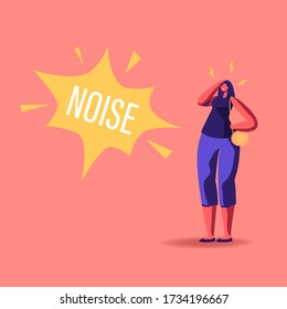 Female Character Suffering of Noise Pollution. Big City Social Problem of Much Hubbub on Street. Woman Dweller Cover Ears to Stop Hearing Loud Sounds and Tinnitus. Cartoon People Vector Illustration