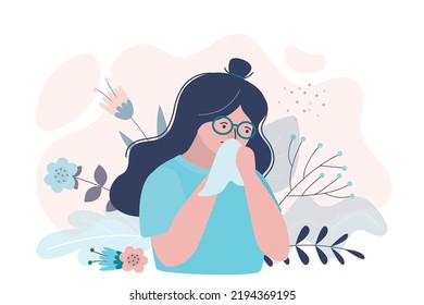 Female character suffering from pollen allergy during flowering. Girl experiencing allergic reaction to plants in spring season. Woman with runny nose blows nose into handkerchief. Vector illustration