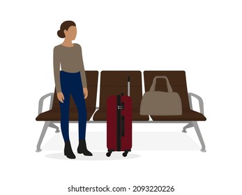 Female character with a suitcase and a bag stands near the seats on a white background