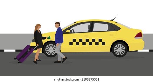 Female character with a suitcase giving money to male character near the taxi on the road