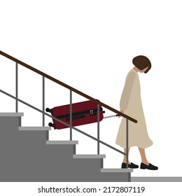 Female character with a suitcase going down the stairs on a white background