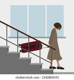 Female character with a suitcase going down the stairs