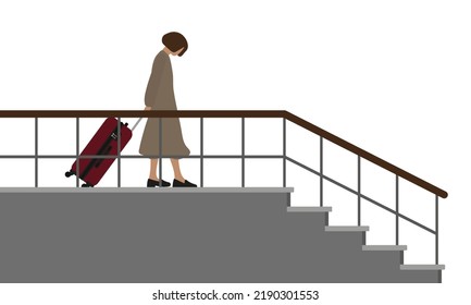 Female character with a suitcase going down the stairs