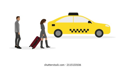 A female character with a suitcase on wheels goes to a taxi while a male character looks at it on a white background