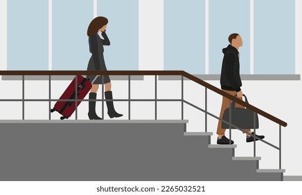 A female character with a suitcase on wheels and a male character with a bag descend the stairs