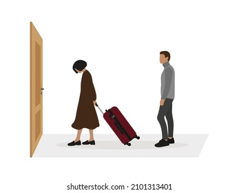 Female character with suitcase walking towards the door and male character looking at her on white background