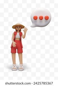 Female character in summer clothes, comment bubble. Woman waves friendly hand