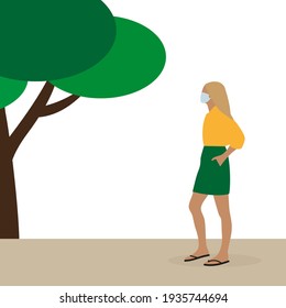 Female character in summer clothes and a medical mask stands outdoors on a white background