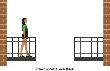 Female character in summer clothes stands on the balcony and looks at the opposite empty balcony