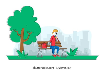 Female Character Summer Time Outdoor Activity and Sparetime. Happy Woman Sitting on Bench in City Park Enjoying Eating Ice Cream. Weekend Recreation, Vacation, Street Food. Linear Vector Illustration