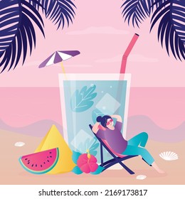 Female character in sun lounger relaxes on beach. Large glass with cocktail and straw. Girl in sunglasses sunbathing on ocean. Cute woman chilling during summer vacation. Flat vector illustration