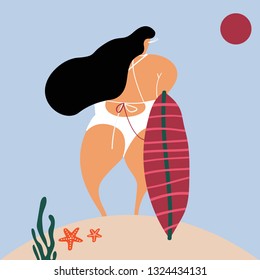 Carácter femenino con tabla de surf en vector de verano