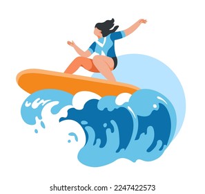 Female character surfing on board, isolated surfing on wave enjoying holiday and learning tricks. Athletic woman on surfboard. Summer activity and active lifestyle by seaside. Vector in flat style