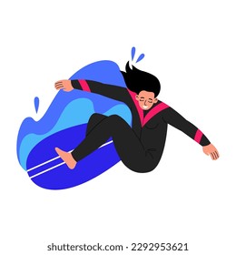 Female character surfing. Surfer standing on surfboard in wave. Flat vector illustration on white background.