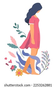 Female character surrounded by flowers, bouquets and foliage, ribbon for copy. Isolated teenager girl wearing modern and fashionable dress, model elegant and stylish woman. Vector in flat style