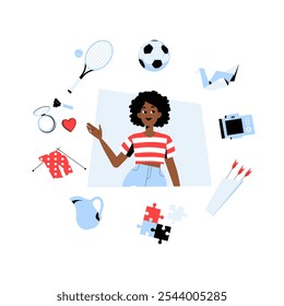 Personaje Femenino Rodeado De Deportes Y Artículos De Hobby Como Balón De Fútbol, Raqueta De Tenis Y Puzzle. Ilustración vectorial Plana Sobre Aficiones Y Estilo De Vida Activo, Aislado Sobre Fondo Blanco