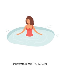 Natación femenina en hielo. Desafío saludable de estilo de vida, concepto de actividad deportiva. Agujero en temporada de invierno. Mujer Temper, Desafío De Estilo De Vida Saludable, Actividad Deportiva. Ilustración vectorial.